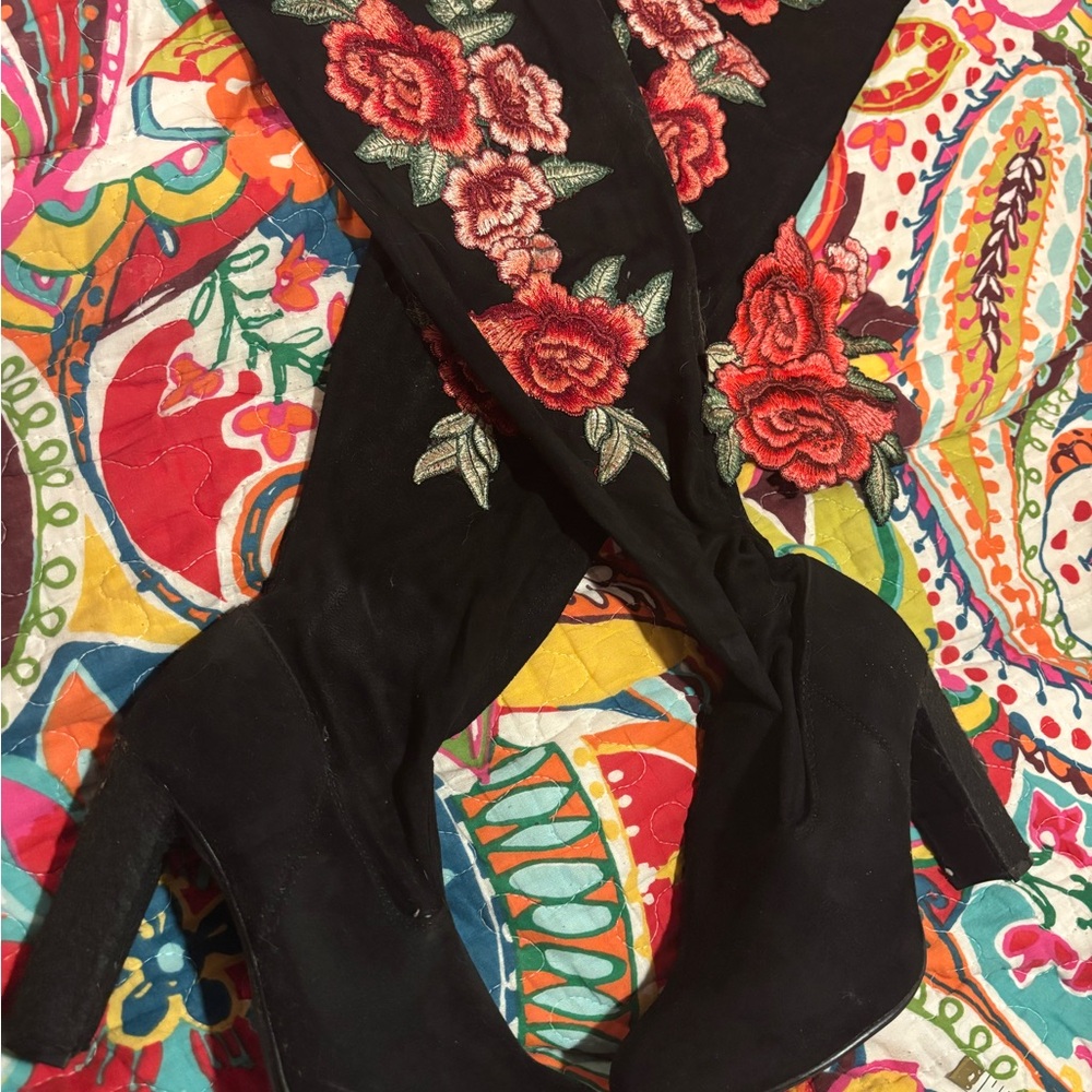 Over the Knee wide Calf Black Boots with Embroidery plus 2 extra patches